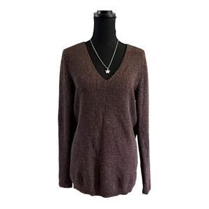 Lane Bryant Women's Dark Brown Gold Metallic V Neck Plus Size Fall Sweater 14/16